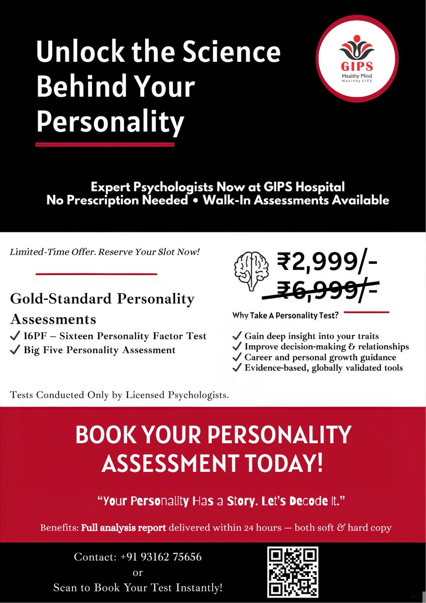 PsychiatryGIPS's tweet image. Unlock the science behind your personality! ✨ GIPS Hospital is now offering 16PF &amp;amp; Big Five personality tests by licensed psychologists — no prescription needed.

💰 ₹6,999 → ₹2,999 Only
Details in the poster.
Book your assessment today!

#PersonalityTest #16PF #BigFive