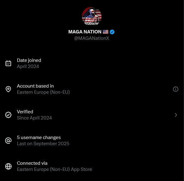 anthmalu's tweet image. Fake! This &quot;MAGANationX&quot; account is not American!

It comes from 
E-A-S-T-E-R-N E-U-R-O-P-E! 
That is totally crazy!

These are foreign actors trying to divide us! 
It&apos;s a total disgrace ! 
Unbelievable!

#FakeMAGA #ForeignInterference