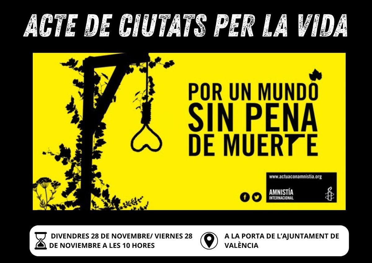 Acude a defender un mundo sin pena de muerte
<a href="/amnistiaespana/">Amnistía Internacional España</a> <a href="/AmnistiaCV/">Amnistía Internacional Comunidad Valenciana</a> #penademuerte