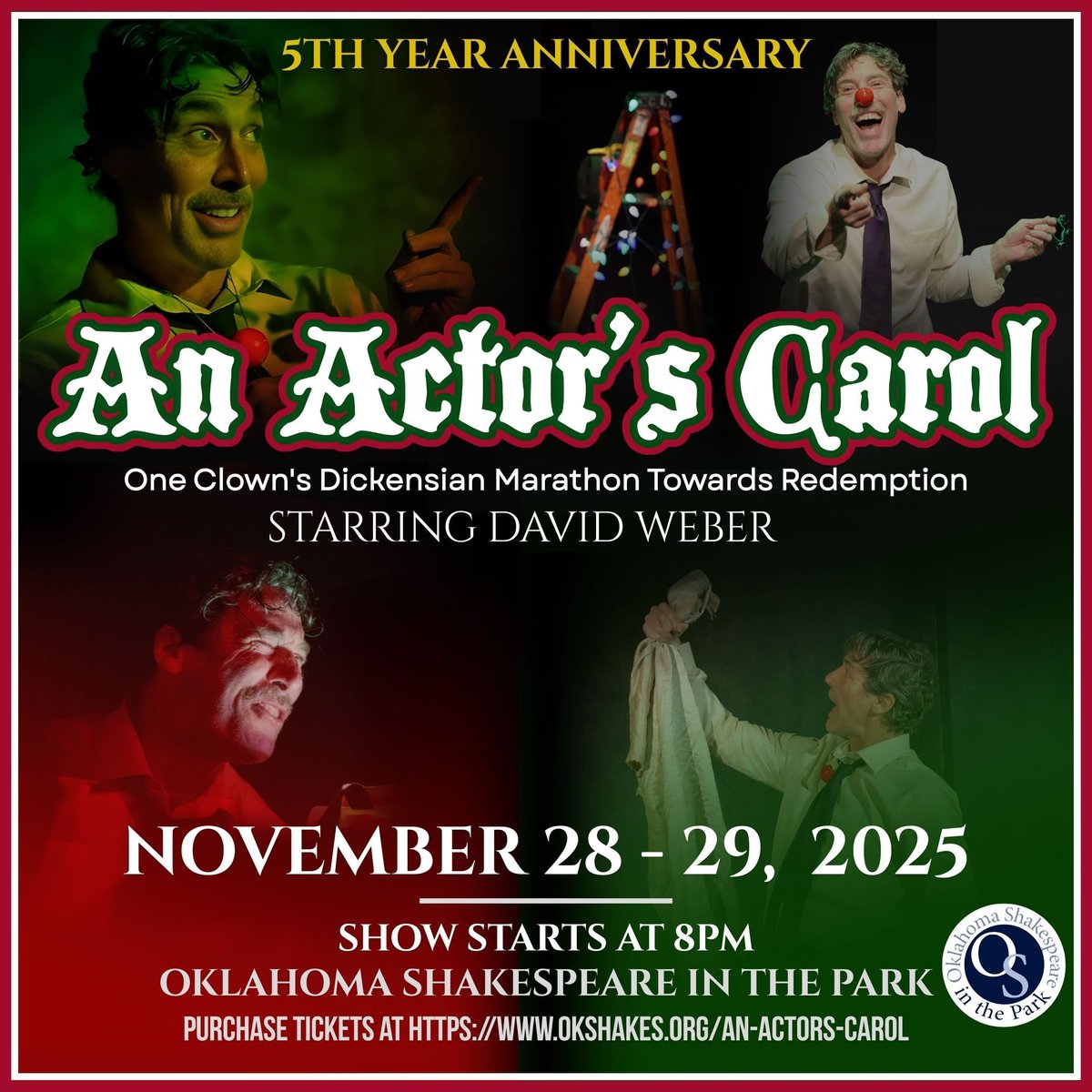 Celebrate the 5th Anniversary of An Actor's Carol, a popular production of @okshakespeare! 

The show will run from Nov. 28-29! Get your tickets today!