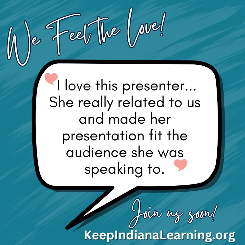 KeepINLearning's tweet image. &quot;She really related to us!&quot; We are thrilled to know our Professional Learning Specialists and the info they share resonate with learners.  We&apos;re proud to support the Indiana educator community! See what&apos;s next at keepindianalearning.org/events-calenda…