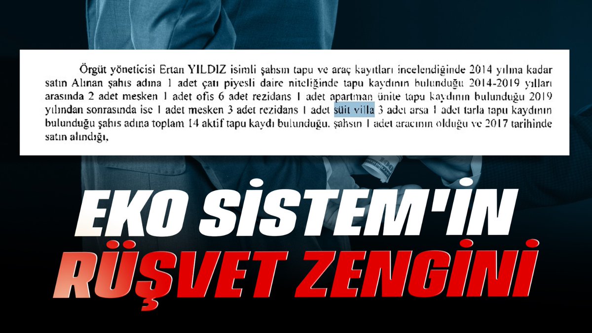İmamoğlu Suç Örgütü İddianamesinde, 2014 yılı öncesinde 1 çatı piyesli daire sahibi olan Ertan Yıldız'ın EKO Sistemde yönetici olduktan sonra 3 mesken, 1 ofis, 9 rezidans, 1 süit villa, 3 arsa ve 1 tarla sahibi olduğu belirlendi.

Sonuna kadar gidilecek, #AdaleteGüveniyoruz