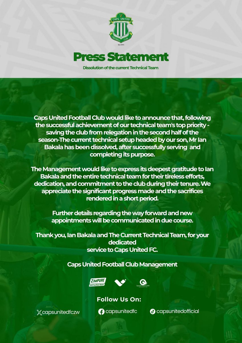 Ian Bakala and Caps United have part ways , the Club has confirmed. 

Bakala joined Makepekepe in March and  helped them to survive relegation. 

This was his second stint at the club having featured for them as a player in the mid 2000s.