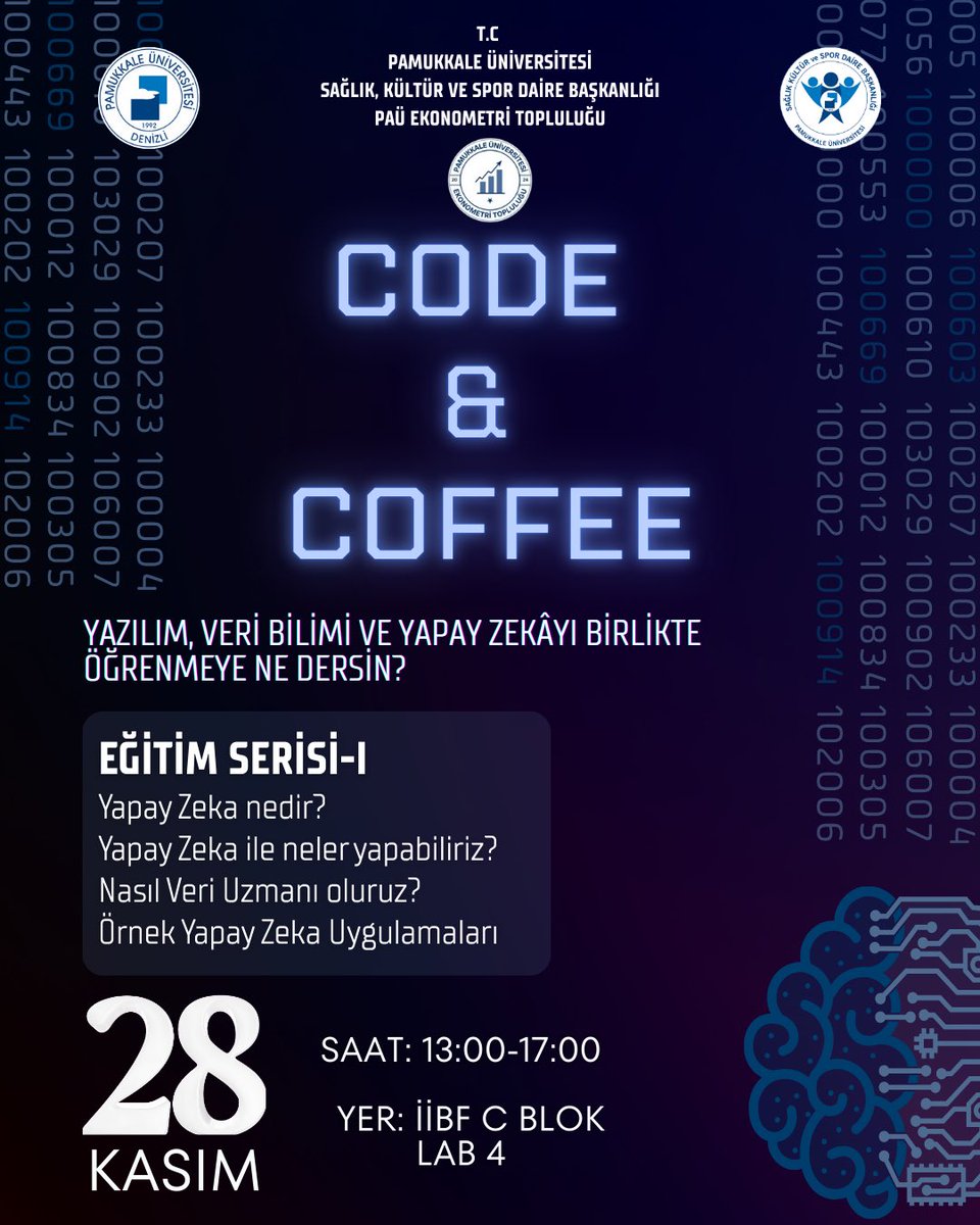Pau_ekonometri's tweet image. CODE &amp;amp; COFFEE BAŞLIYOR! ☕💻
Yapay zekâ, veri bilimi ve yazılıma ilgi duyan herkes davetli!
🗓️ 28 Kasım
⏰ 13:00 – 17:00
📍 İİBF C Blok LAB 4
#paü #pauekonometri #codeandcoffee #yapayzeka #veribilimi #yazılım