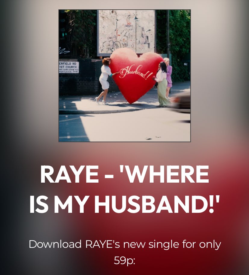RayeUpdate's tweet image. 🚨 Download all versions of Raye’s new single “WHERE IS MY HUSBAND!” for only 59p on iTunes! 

Raye is competing for UK number 1 this week. The song would mark her first UK solo #1. 🥹

🔗: raye.orcd.co/download-wimh