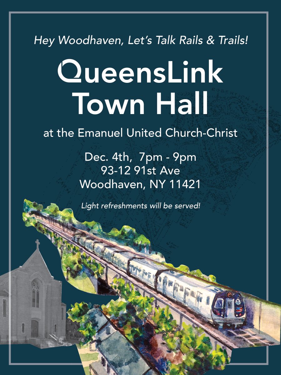 Join us for an exciting Woodhaven town hall event on December 4th! It'll be at the Emanuel United Christ-Church (93-12 91st Ave) from 7pm-9pm with light refreshments served. Hope to see you there! #BuildtheQueensLink