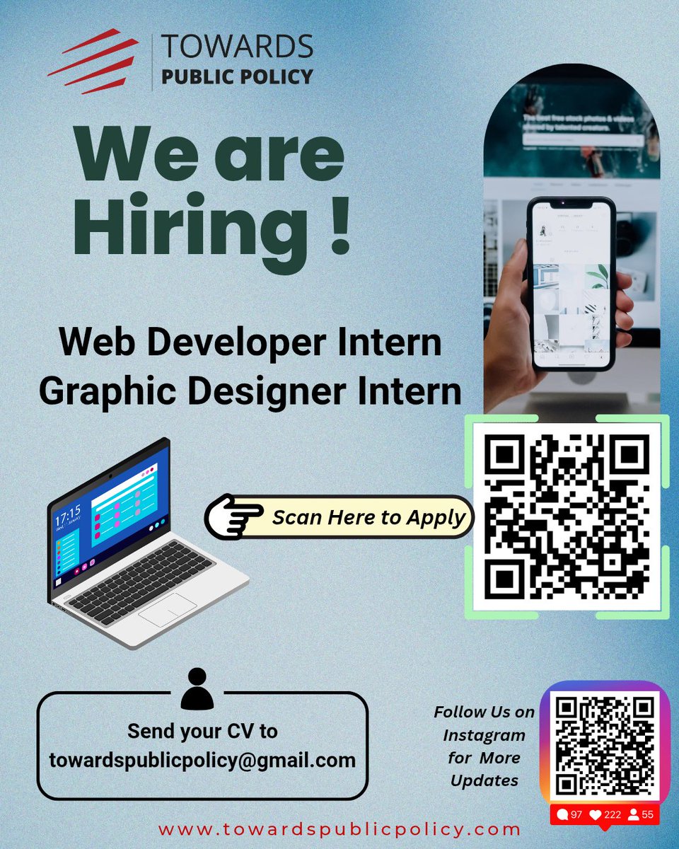 ThePublicPolicy's tweet image. We’re Hiring Interns (Remote)!
Web Developer (0–2 yrs)
Graphic Designer (0–2 yrs)

Work on high impact Public Policy + digital campaigns at Towards Public Policy!
Apply Now👇
forms.gle/W1zq8C1zArSY4d…

#Hiring #Internship #WebDev #GraphicDesign #PublicPolicy #RemoteWork #IndiaJobs