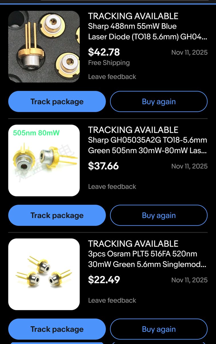 laser_lew's tweet image. Haven&apos;t re-upped on my diode supply in years.

I bought so many when I was building new lasers daily, but over the years they eventually die / burn out and I have to replace.

Also, I want to add a few MOAR to the lineup ⚡⚡