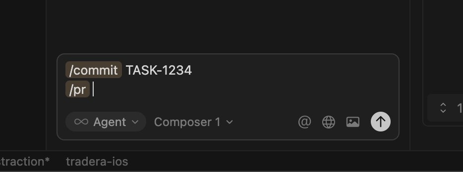 commit and create a pr is my favourite custom slash commands in <a href="/cursor_ai/">Cursor</a>:
- commit: checks out to a feature branch if needed and creates the commit message with a ticket id included
- pr: uses the github cli to create a pr with a title and description based on the commits +