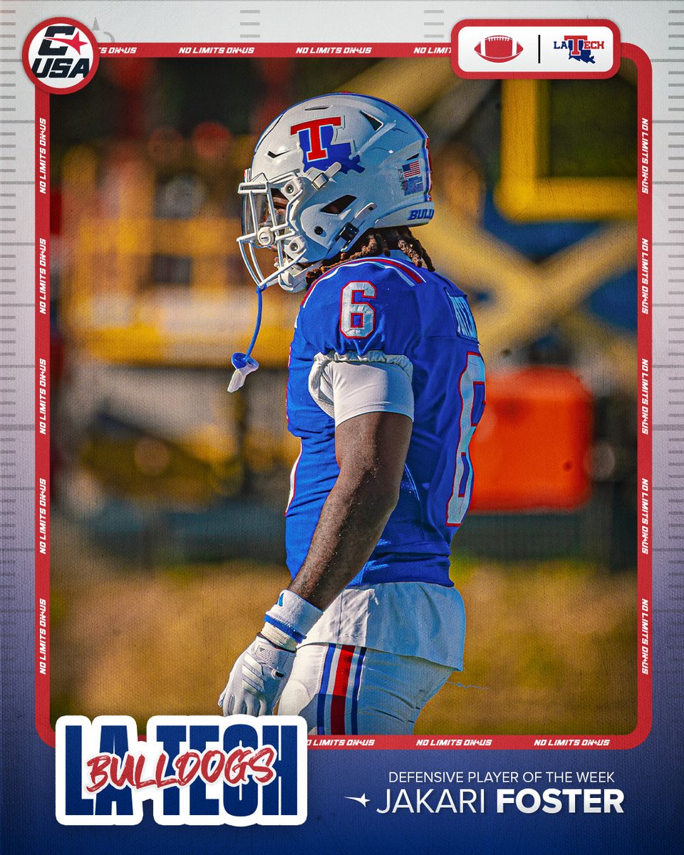 🏈 DEFENSIVE PLAYER OF THE WEEK 🏈

🏅1⃣ Jakari Foster, <a href="/LATechFB/">LA Tech Football 🏈</a> 

#NoLimitsOnUs | bit.ly/4oiElkB