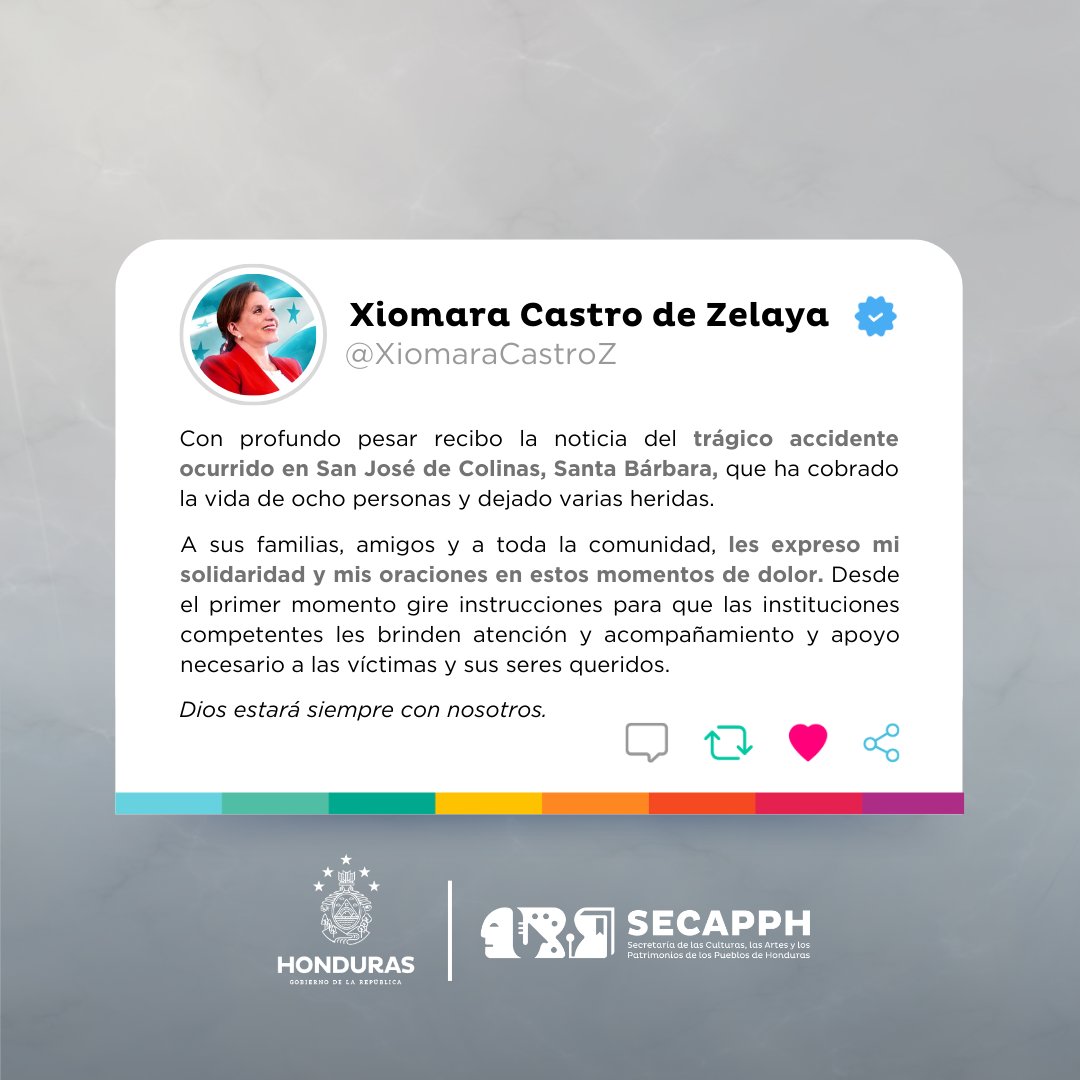 SECAPPH's tweet image. #SECAPPHINFORMA ​ La Presidenta @xiomaracastroz expresó, a través de su cuenta oficial de X, sus profundas condolencias por el trágico accidente ocurrido en Santa Bárbara, donde lamentablemente fallecieron ocho compatriotas hondureños. 🥀🙏🏻

#SECAPPH #XiomaraCastro #LUTO