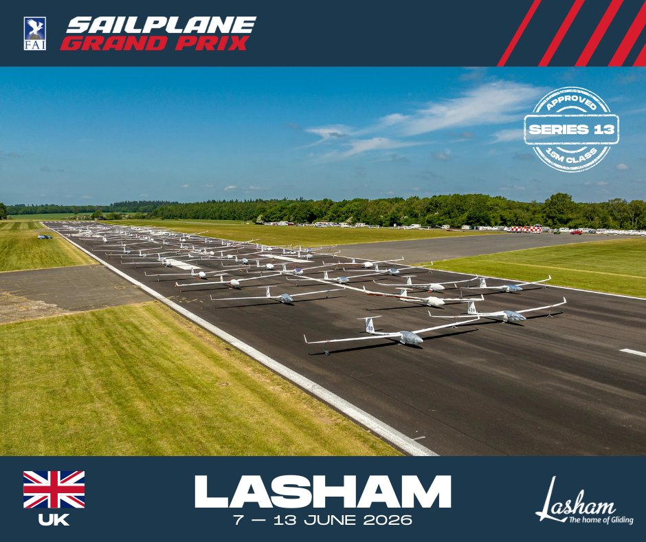 faisgp's tweet image. 🏁SERIES 13 CALENDAR REVEAL — STOP #2🏁 

For the first time since Series 3 the SGP is returning to British skies!

Lasham, United Kingdom🇬🇧7–13 June 2026

This stop brings a twist: the 15m Class.

👉Where are we heading next?

#SGP #SailplaneGrandPrix #Series13 #Lasham #Racing