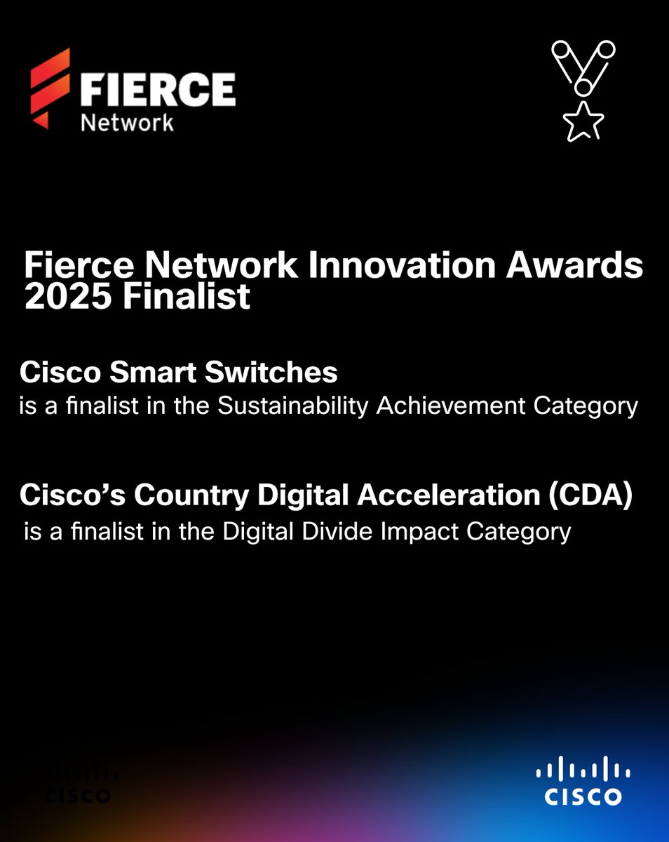 CiscoNetworking's tweet image. We&apos;re honored! 🎉 Cisco has been named a finalist in the 2025 Fierce Network Awards, recognizing the technologies and leaders shaping the future of network communications.

🏆 Cisco Smart Switches 
🏆 Cisco Country Digital Acceleration (CDA) 

Learn more: cs.co/60137WkwW