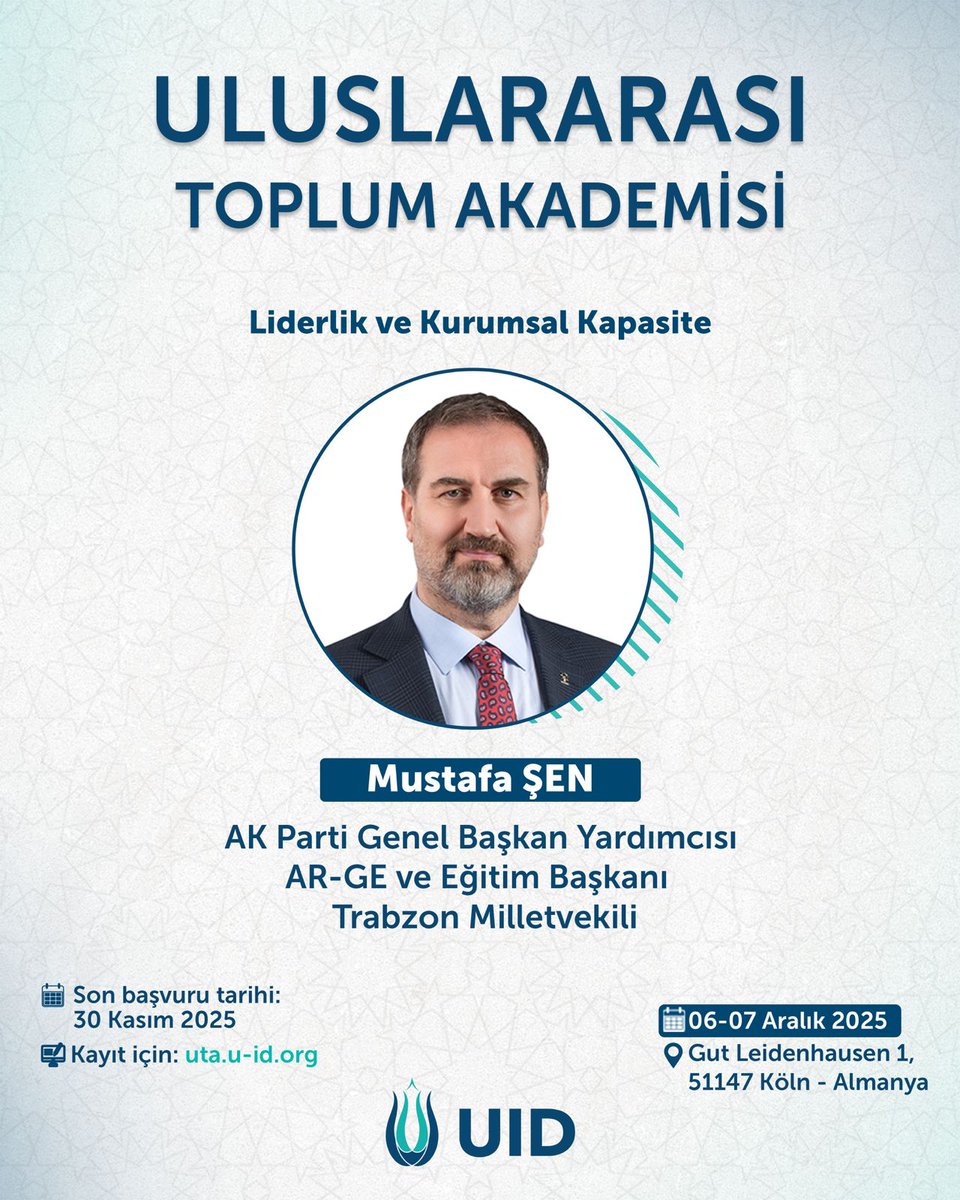 U_I_D's tweet image. 🎤 Mustafa Şen

AK Parti Genel Başkan Yardımcısı, AR-GE ve Eğitim Başkanı; Trabzon Milletvekili

📚 Konu Başlığı: Liderlik ve Kurumsal Kapasite
📝 Tanıtım:
Kurum içi liderlik becerilerinin geliştirilmesi ve kurumsal kapasitenin artırılması üzerine pratik örneklerle katılımcılarla…