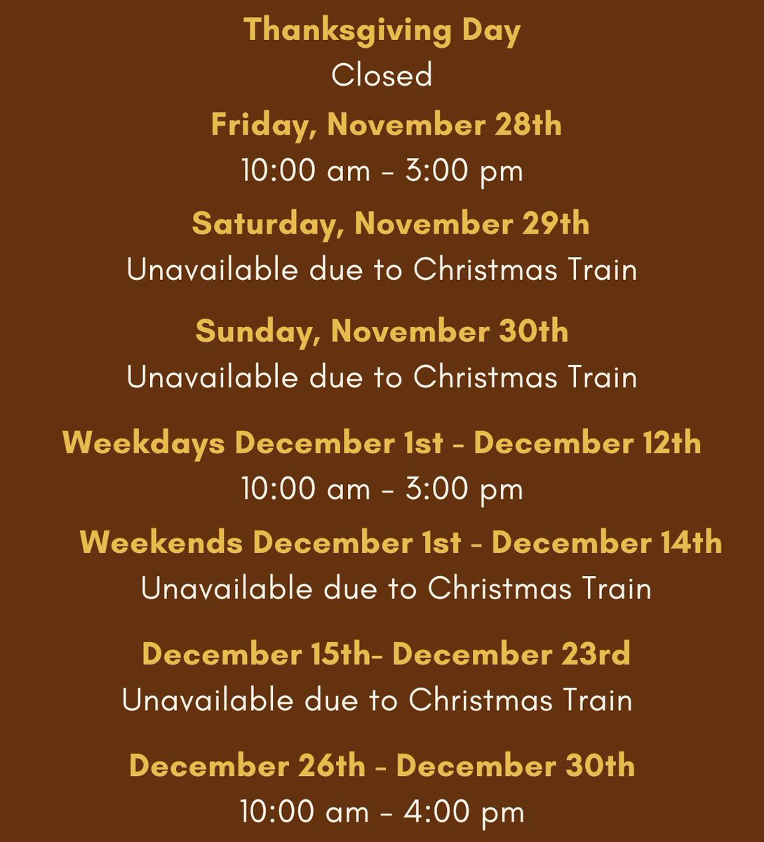 Here are the upcoming regular train ride hours 🚂

We are open this week Monday-Wednesday  for regular train rides from 10am-4pm!