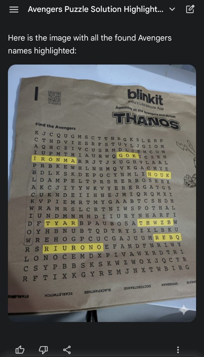 devloper_hs's tweet image. The real question is how it handles real and complex educational scenarios - say smudged and overlapping handwriting, bag of words,  multi step and multi dimensional reasoning problem solving. 

For e.g , the other day I was trying to solve word puzzles for avengers and asked the…