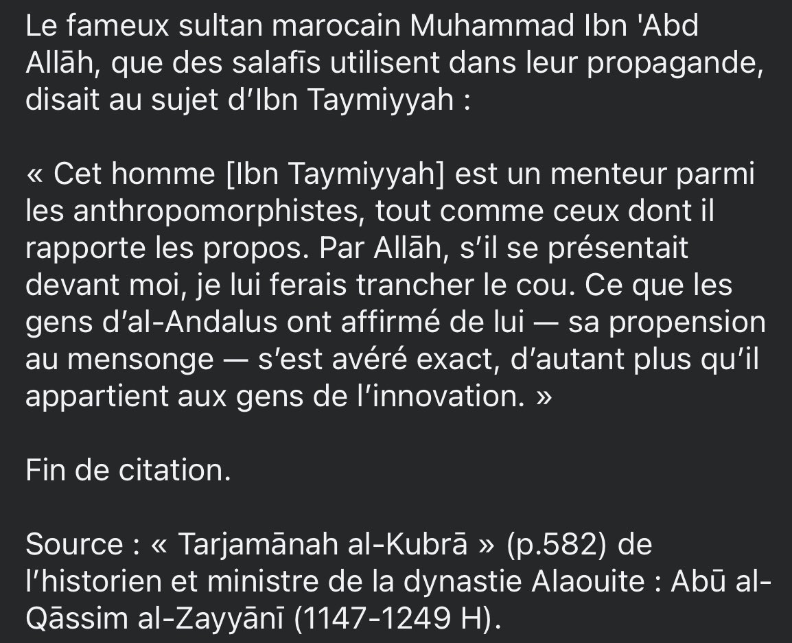 Eden_Jahad's tweet image. Le fameux sultan marocain Muhammad Ibn &apos;Abd Allāh que des salafīs utilisent dans leur propagande qualifiait Ibn Taymiyyah de menteur, mujassim et d’innovateur.