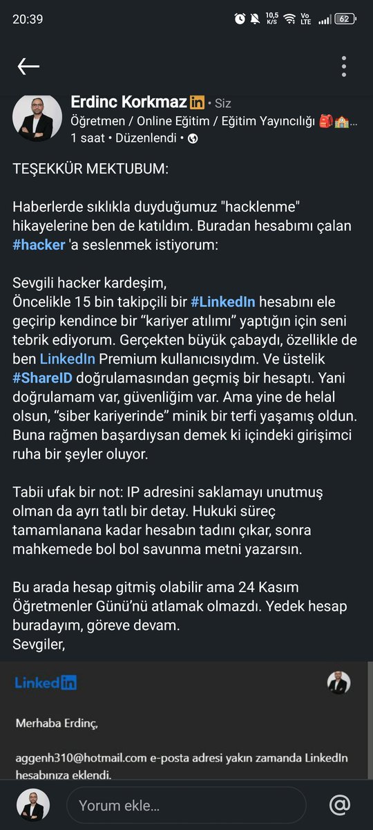 Bir #LinkedIn kullanıcısı hesabını çalan hacker için teşekkür mektubu yazdı. linkedin.com/in/erdinc-kork… #öğretmen <a href="/LinkedInHelp/">LinkedIn Help</a>