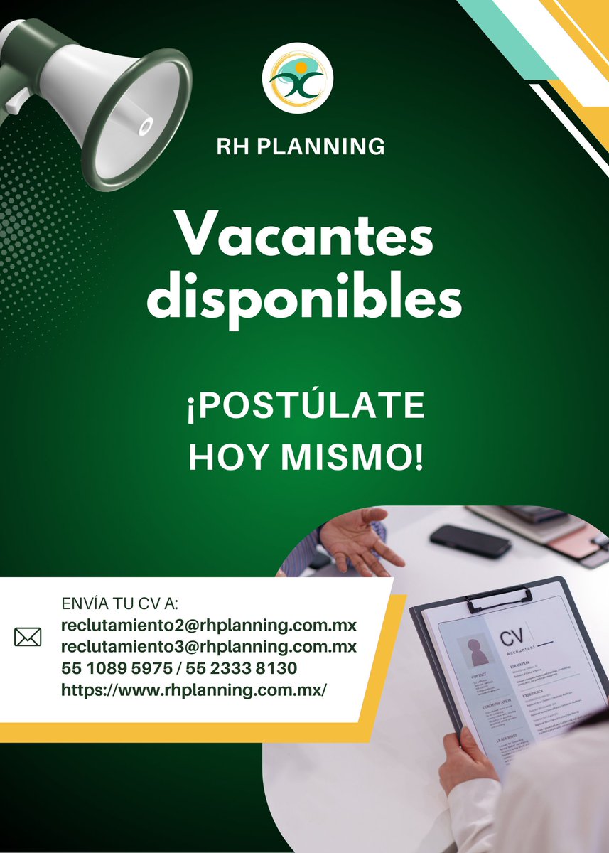 RhPlanningMx's tweet photo. 💼VACANTES DISPONIBLES

¡Postúlate hoy mismo! 📝

✉️reclutamiento2@rhplanning.com.mx
🌐https://t.co/acKMxBKmoC 
📞55 2333 8130 / 55 1089 5975

#Empleo #Trabajo #tlalnepantla #Queretaro #NuevoLeón https://t.co/P7wTvvBGP1