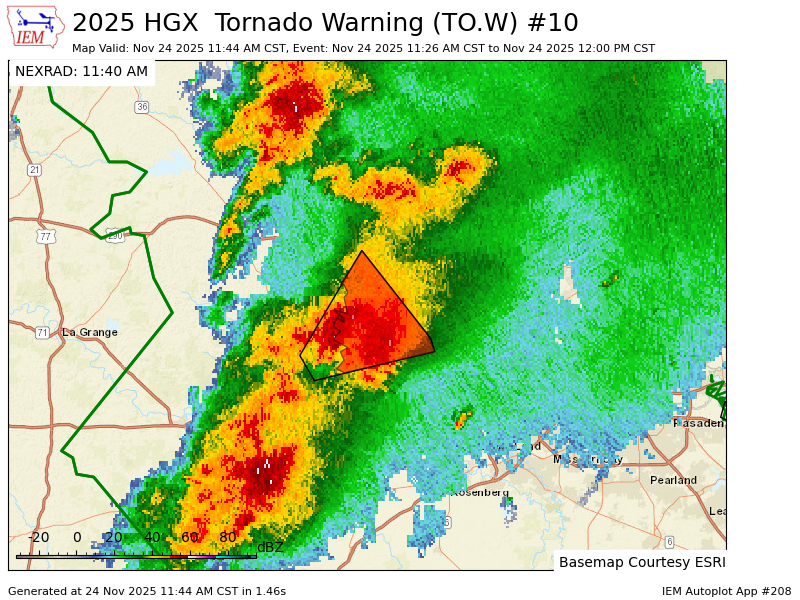 ScannerAtx's tweet image. HGX updates Tornado Warning [tornado: RADAR INDICATED, hail: &amp;lt;.75 IN] (cancels Austin [TX], continues Waller [TX]) till 12:00 PM CST mesonet.agron.iastate.edu/vtec/f/2025-O-…