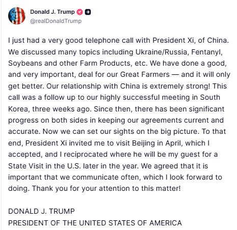 RadarHits's tweet image. 🇺🇸 TRUMP: Just had a very good phone call with President Xi