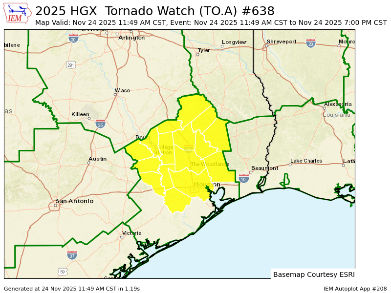 ScannerAtx's tweet image. HGX issues Tornado Watch for Austin, Brazos, Burleson, Fort Bend, Grimes, Harris, Houston, Liberty, Madison, Montgomery, Polk, San Jacinto, Trinity, Walker, Waller, Washington [TX] till Nov 24, 7:00 PM CST mesonet.agron.iastate.edu/vtec/f/2025-O-…