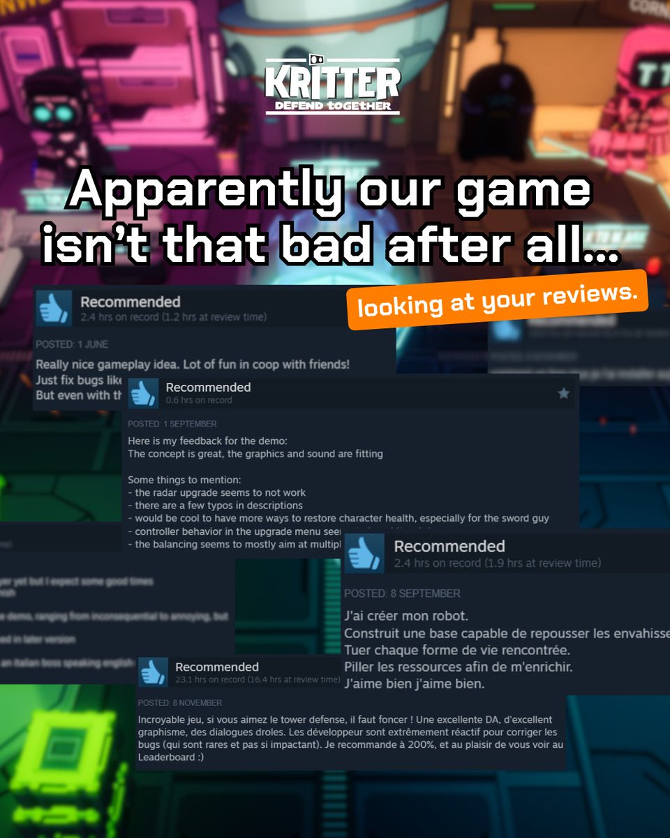 ljf_games's tweet image. I guess people like Kritter… the reviews are saying so. (Go drop yours too, if you feel like it)
——
J’imagine que les gens aiment Kritter… en tout cas, les avis le disent. (Va laisser le tien aussi, si t’en as envie)

#steamgames #indiegames #multiplayer #kritterdefendtogether