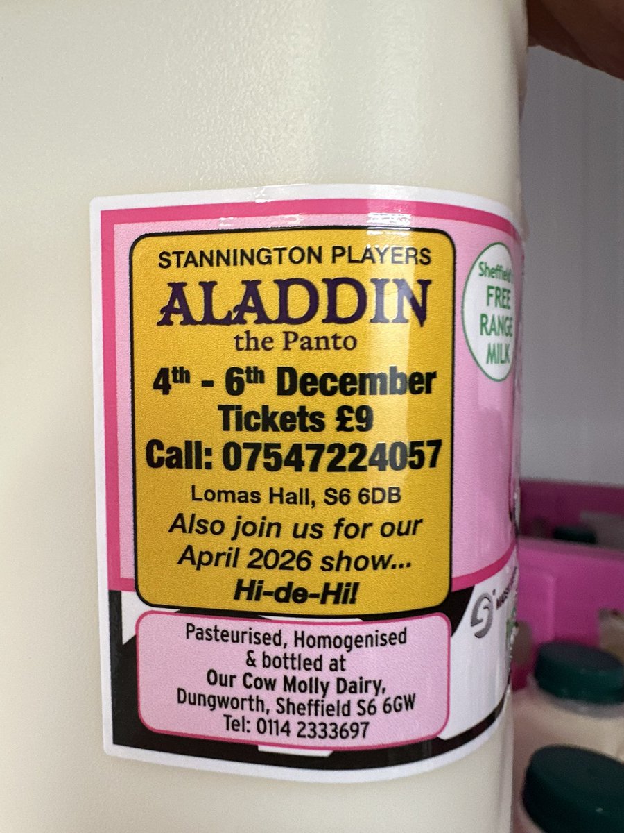 OurCowMolly's tweet photo. Our latest bit of #MilkMarketing is for Stannington Players Panto ALADDIN.
Ticket Hotline 07547224057 https://t.co/aJyvdWMPCQ