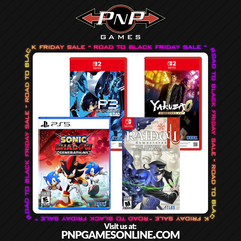 SEGA/ATLUS Titles are On Sale Now at PNP Games!
tinyurl.com/36kvd7rb
-Sonic x Shadow Generations PS5/NS2*/NSW/XBOX $34.99 CAD (~$25 USD)
-Raidou Remastered PS5/NS2*/NSW/XSX $39.99 CAD (~$29 USD)
-Persona 3 Reload NS2 *Game-Key $54.99 CAD (~$40 USD)
-Yakuza 0 DC NS2 Game-Key