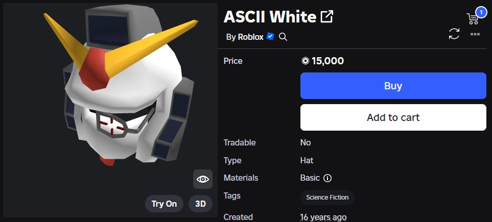 WaffleTradesYT's tweet image. The Roblox Black Friday Sale Day 3! 🏷️

For the next 24 hours only, the ASCII White has returned for 15,000 robux!

3 times more expensive than the original price! 😰