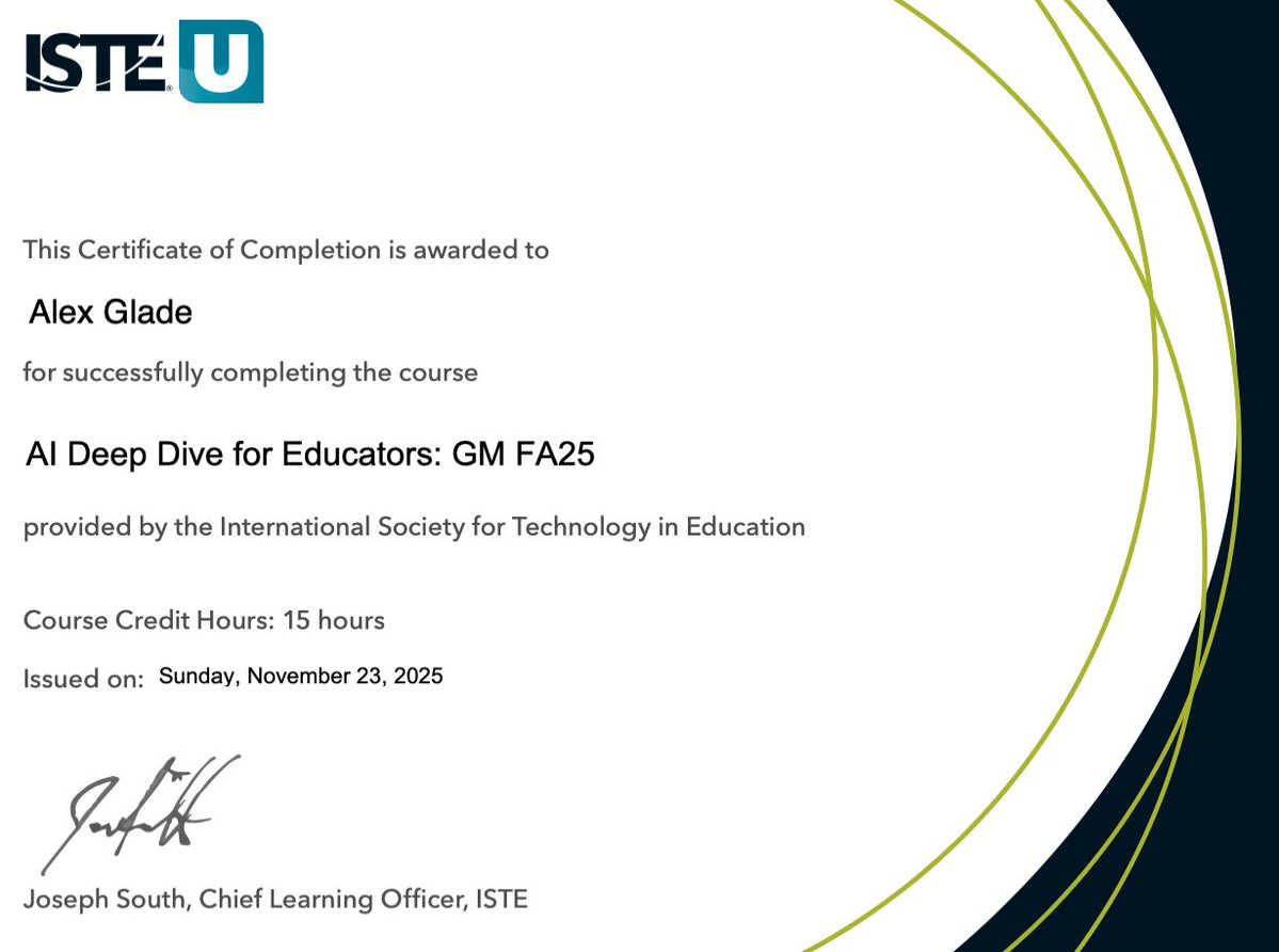 Alex_Glade's tweet image. Excited to have completed the AI Deep Dive for Educators course! 

I can&apos;t wait to share what I&apos;ve learned as we all focus on using AI ethically for learning design and assessment.

Thank you to @ISTEofficial and #GenerationAI for the scholarship!

#AIinEducation #EdTech