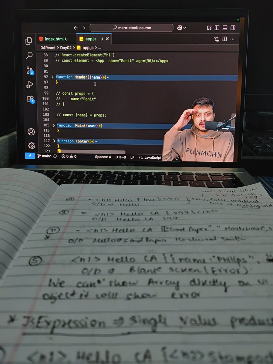 itis_samarth's tweet photo. #LEC39 #MERN_STACK
▫️React JSX, Bable, React Components and Props.
▫️Via First thought Principle. 
▫️JSX: We can create HTML type elements in J.S.
▫️Components: Just Functions.
▫️Props: Multiple Parameter which can take all type of objects. 
Thanks @rohit_negi9 bhaiya 🔥 https://t.co/qiCIancx1R