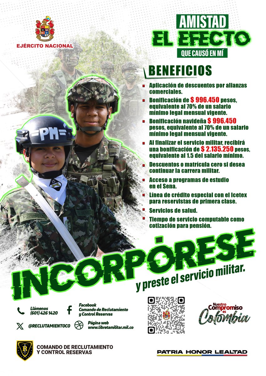 #IncorpóreseAlEjército | Jóvenes colombianos, si prestan el servicio militar en el <a href="/COL_EJERCITO/">Ejército Nacional de Colombia</a>, recibirán una bonificación mensual del 70 % de un
salario mínimo legal mensual vigente (SMLMV), equivalente a $996.450. Además, obtendrán una bonificación navideña por el mismo