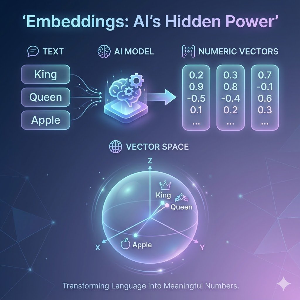 Ragul_1010's tweet image. Embeddings:

Embeddings convert text into numbers that capture meaning

Similar ideas stay close in vector space — helping AI understand context, search better, and link concepts

This is the magic behind smart search, chatbots &amp;amp; recommendations

#AI #Embeddings #LLM