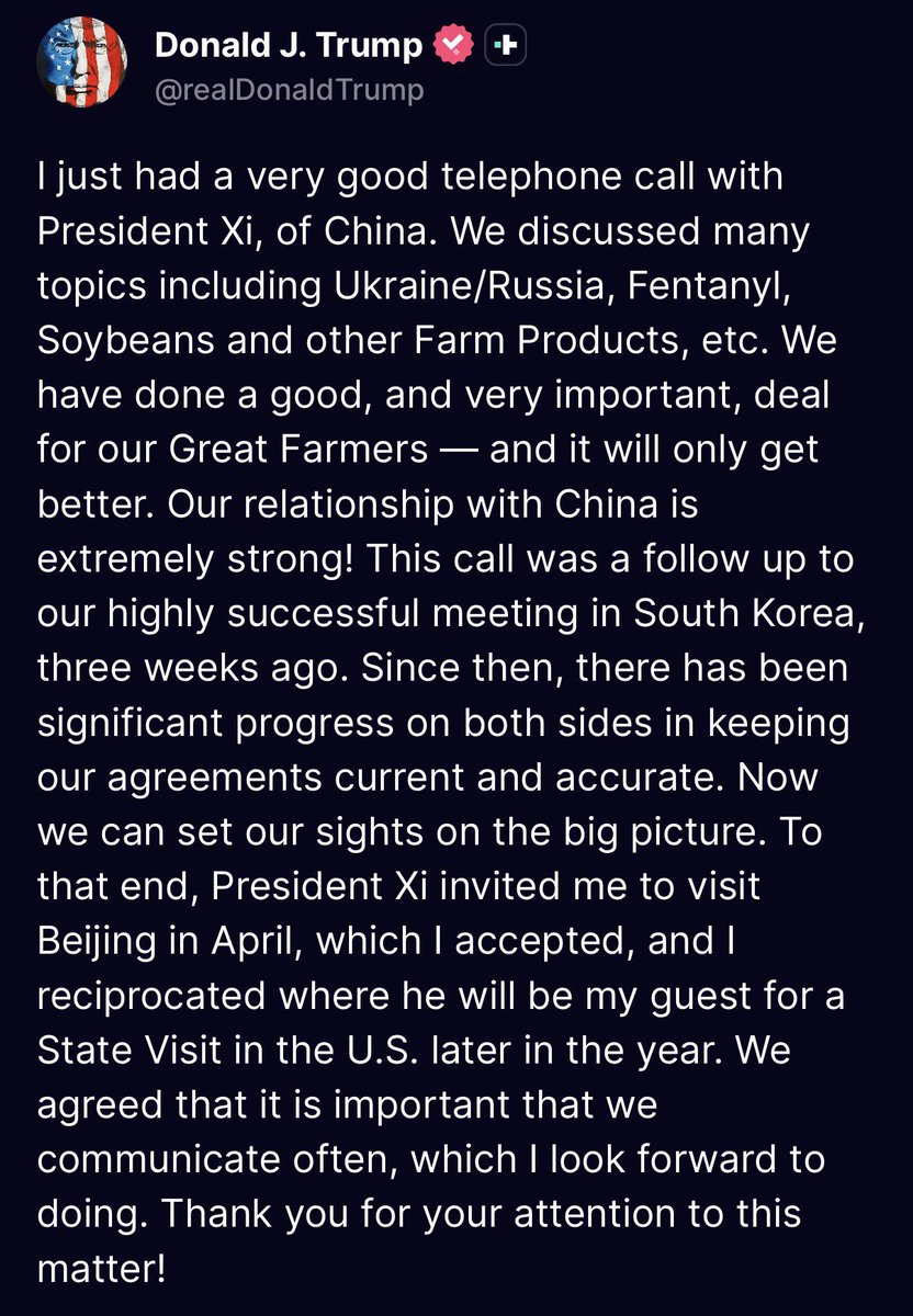速報】🇺🇸トランプ大統領は、今日の習近平国家主席との電話会談について声明を発表 -  トランプ氏は「とても良い電話会談だった」と述べ、4月に北京を訪れる予定であると公表 - また、習主席も米国を訪問することになっており、今後「頻繁に連絡を取り合う」ことで合意  ...
