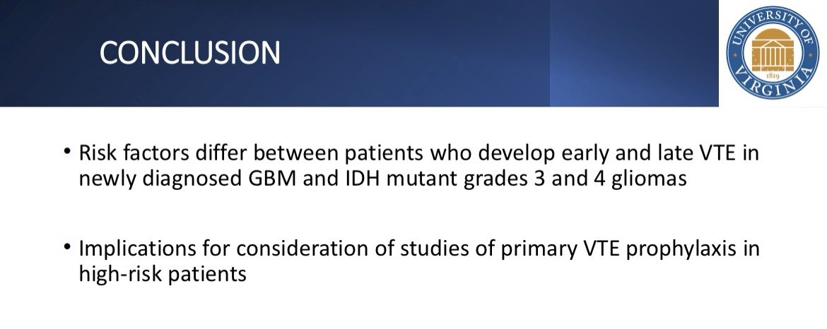 JasminJoMD's tweet image. Grateful for the opportunity to present our study identifying patients with GBM with increased risk to develop early and late VTE @UVANeurology #SNO2025 #UVANeurooncology