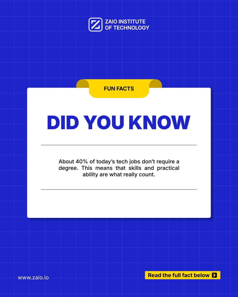 About 40% of tech jobs don’t require a degree. 💡

Why? Because practical skill matters more, employers want people who can build, solve, and deliver. Real experience beats theory. 💻🔥

#TechJobs #SkillOverDegree #DigitalSkills #CareerTips #Zaio #TechCareers