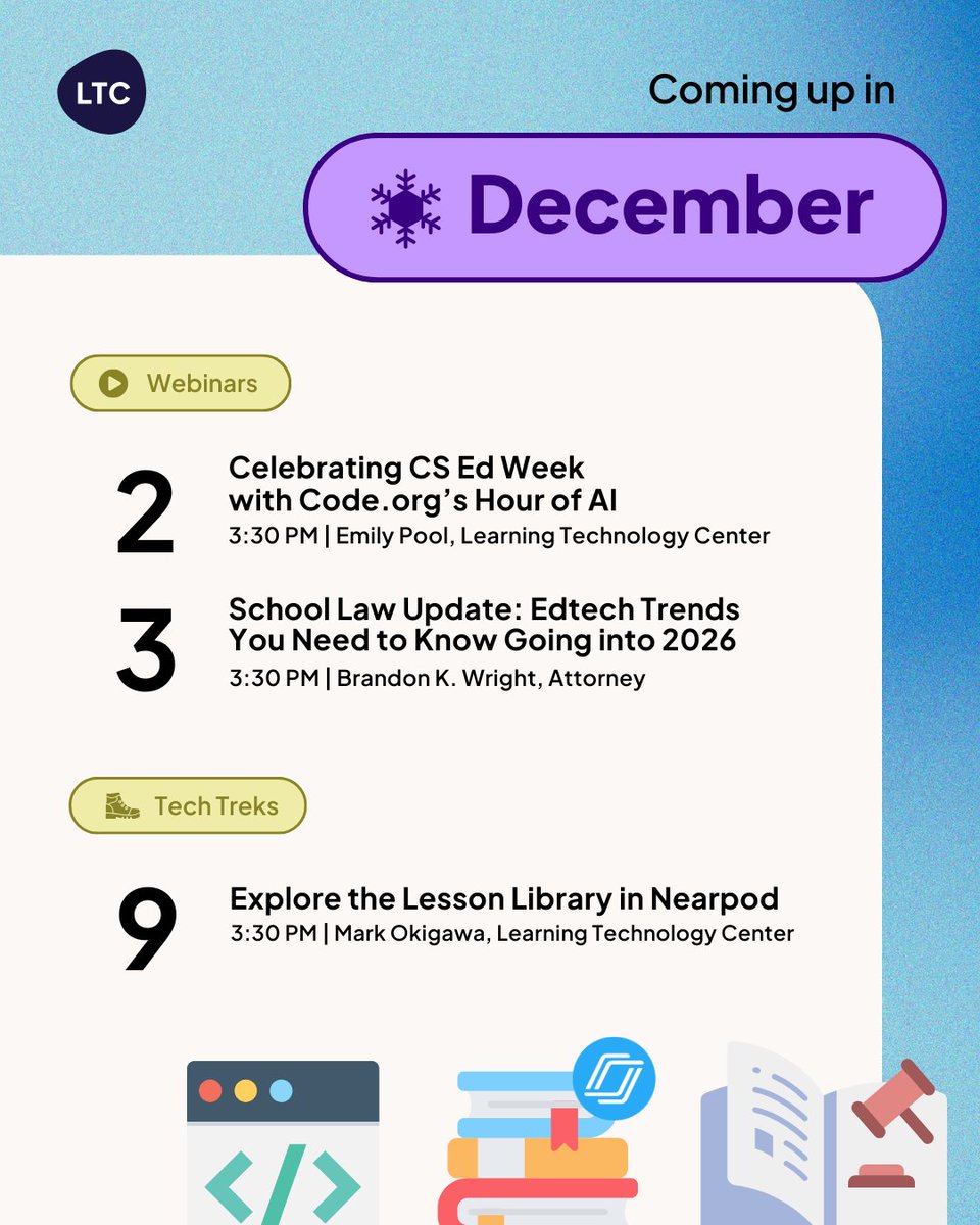 ltcillinois's tweet image. A new iPhone? An armful of Labubus? Who needs those under the tree when you could get the gift of learning during December’s FREE webinars! 🎄

🎁 (12/2) #CSEdWeek w/ @codeorg’s Hour of AI
🎁 (12/3) School Law Update
🎁 (12/9) @nearpod&apos;s Lesson Library

🔗 ltcillinois.org/services/webin…