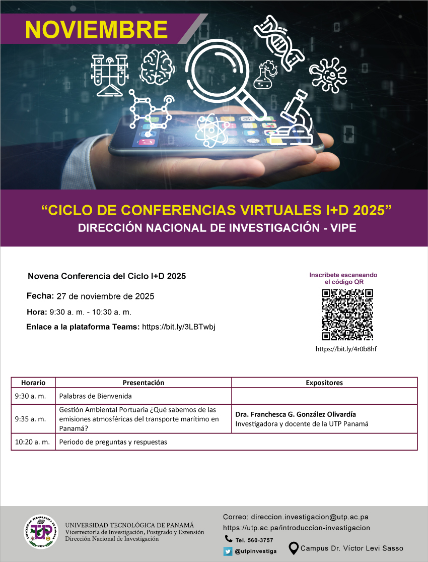 El 27 de noviembre se realizará la IX conferencia del Ciclo I+D 2025. La Dra. Franchesca González presentará la publicación científica del grupo de investigación AirES, desarrollada en colaboración con la Univ. Nacional Autónoma de México (UNAM).
Registro: bit.ly/4r0b8hf