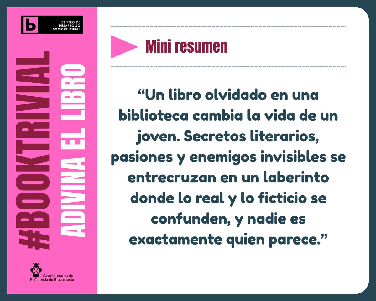 📚✨ #BookTrivial
Un libro olvidado, un joven y un laberinto de secretos donde nada es lo que parece…
¿Adivinas el título? 👇#AdivinaElLibro #BibliotecaPeñaranda