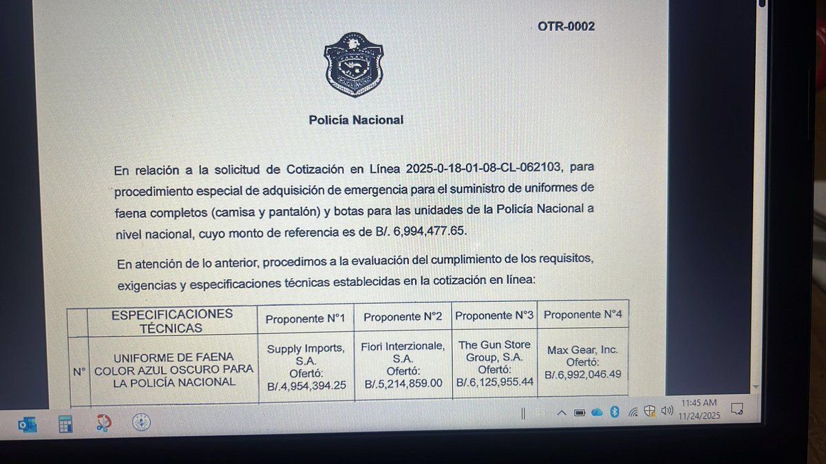 AlvaroAlvaradoC's tweet image. Información en desarrollo:
Max Gear, la misma empresa que le adjudicaron el acto público para la compra de uniformes y botas para la Policía Nacional vuelve y gana. En octubre pasado el acto público fue suspendido luego de una denuncia realizada por el diputado Jhonathan Vega…