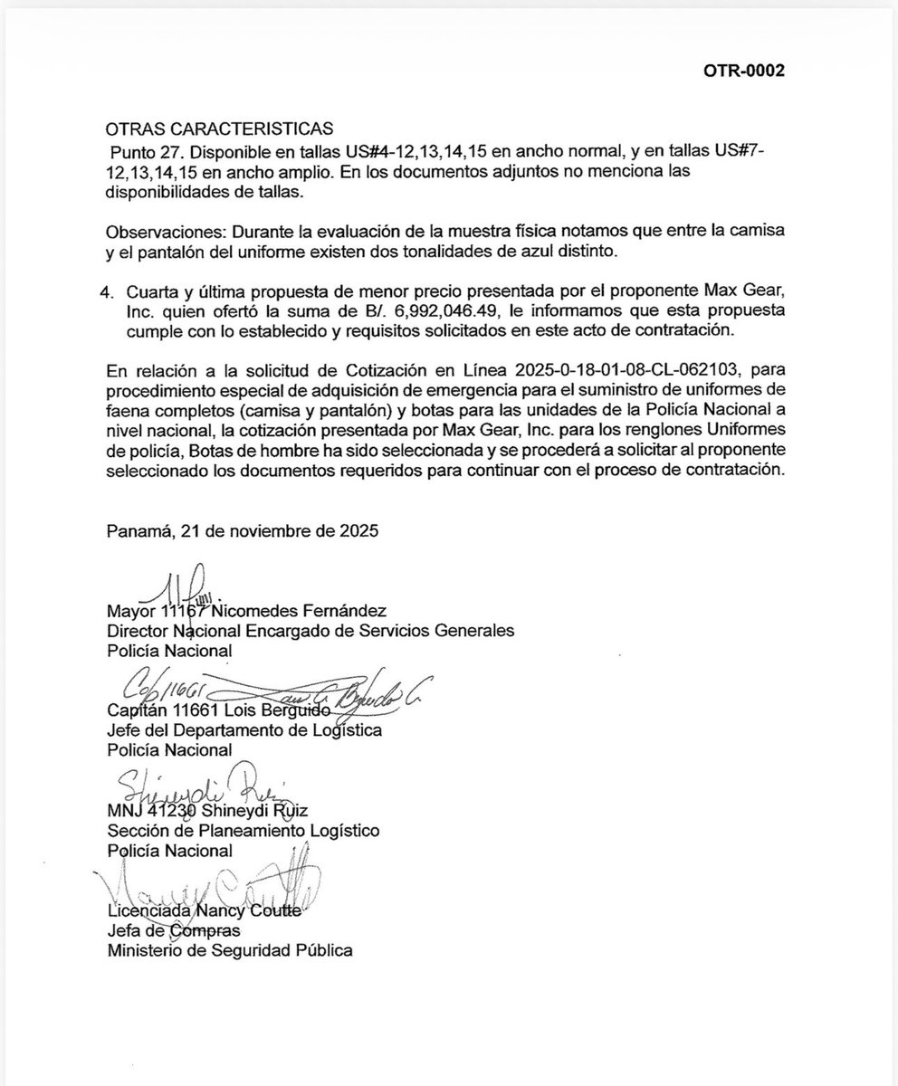AlvaroAlvaradoC's tweet image. Información en desarrollo:
Max Gear, la misma empresa que le adjudicaron el acto público para la compra de uniformes y botas para la Policía Nacional vuelve y gana. En octubre pasado el acto público fue suspendido luego de una denuncia realizada por el diputado Jhonathan Vega…