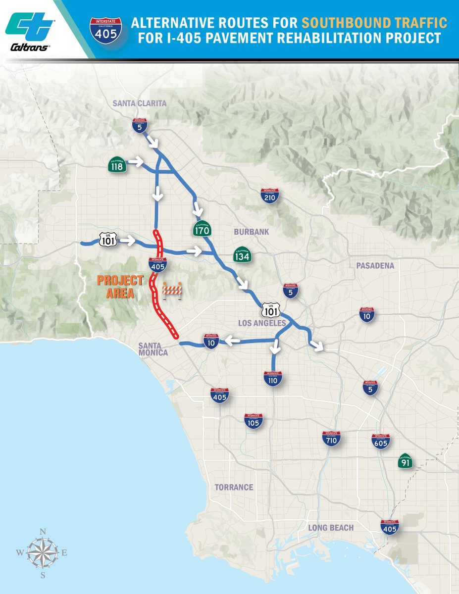 CaltransDist7's tweet image. ⚠️ I-405 WEEKEND WORK ⚠️

Weekend lane reductions and ramp closures along I-405 between Getty Center Drive and Skirball Center Drive happening 10 PM Friday 12/5 to 5 AM Monday 12/8.

Details: dot.ca.gov/caltrans-near-…

Alerts: lp.constantcontactpages.com/sl/pse34tK/405