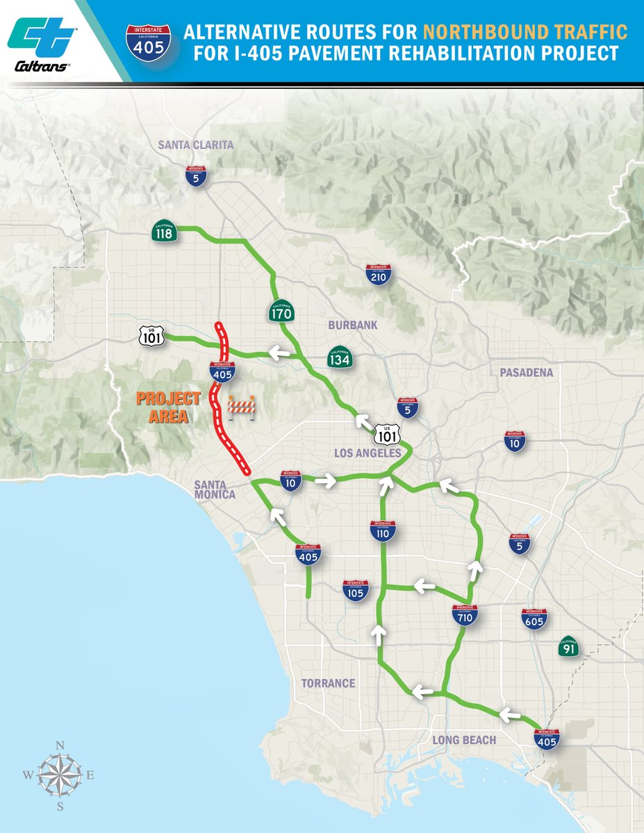 CaltransDist7's tweet image. ⚠️ I-405 WEEKEND WORK ⚠️

Weekend lane reductions and ramp closures along I-405 between Getty Center Drive and Skirball Center Drive happening 10 PM Friday 12/5 to 5 AM Monday 12/8.

Details: dot.ca.gov/caltrans-near-…

Alerts: lp.constantcontactpages.com/sl/pse34tK/405