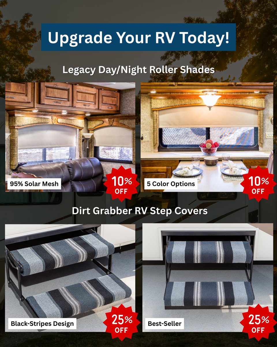 RVawnings's tweet photo. 🔥 BLACK FRIDAY SALE IS LIVE 🔥

⭐ Base Camp Room any size $499
⭐ Travel'r electric awnings 10% off
⭐ Legacy Day/Night Shades 10% off
⭐ Step Covers 25% off

Do not miss it, sale ends 12/2 at midnight.
🌐 Shop now at https://t.co/FTGfu3uoqe! 
#rv #motorhome #BlackFriday https://t.co/mfMxfzPeVe