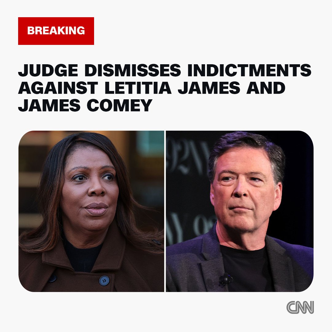 Judge throws out cases against Trump political enemies James Comey and Letitia James, citing unlawful appointment of Lindsey Halligan. cnn.it/4oVLLLR
