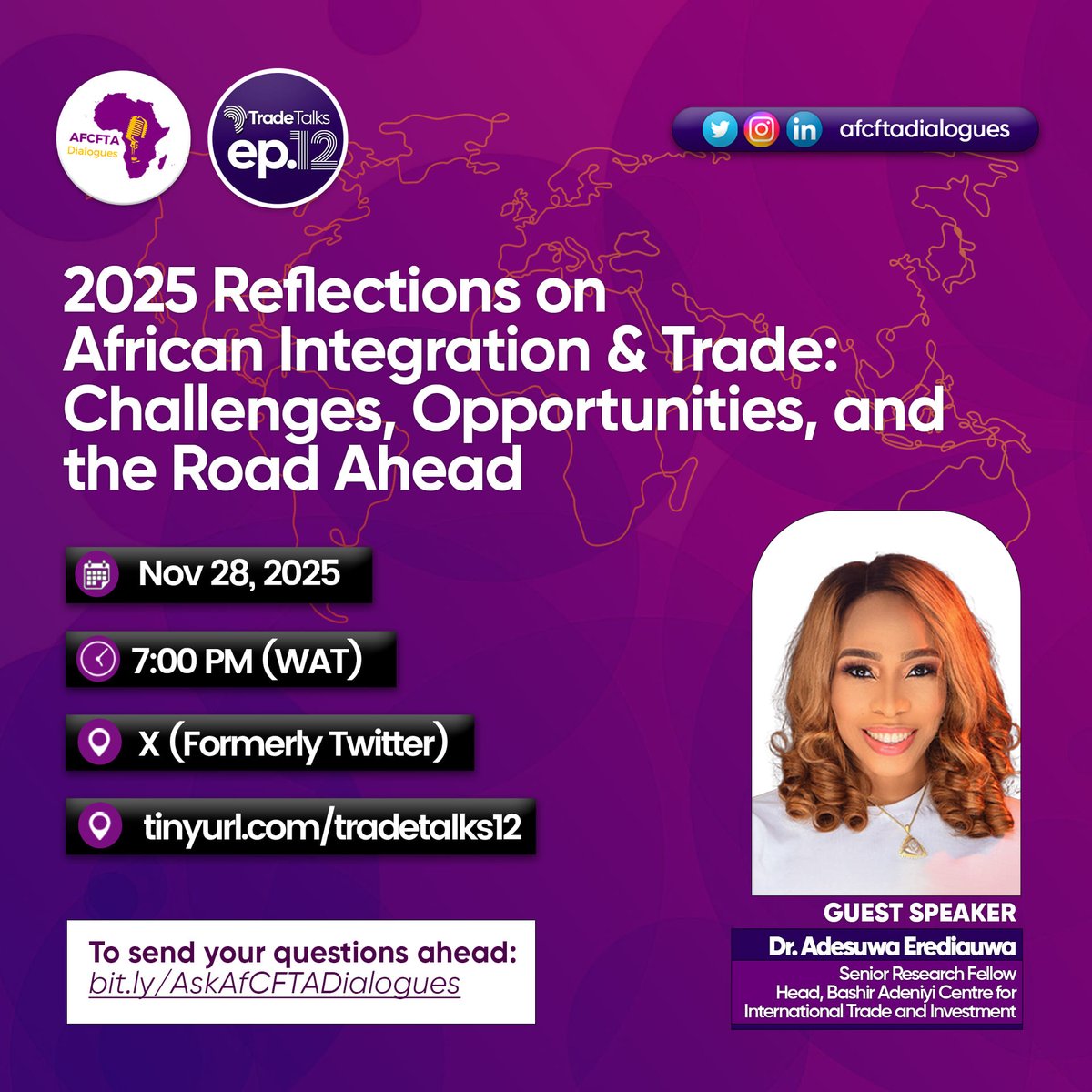 We are delighted to have Dr. Adesuwa Erediauwa at #TradeTalks Ep.12!

📅Nov 28, 2025
🕖7PM WAT
🎙️Topic: “2025 Reflections on African Integration &amp; Trade”

Set a reminder👉: tinyurl.com/tradetalks12
💬Ask ahead: bit.ly/AskAfCFTADialo…

Join the conversation!
#AfCFTA #AfricanTrade