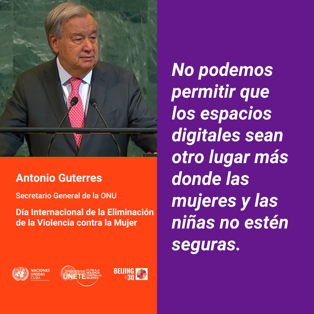 💜🧡 <a href="/antonioguterres/">António Guterres</a>: "No podemos permitir que los espacios digitales sean otro lugar donde las mujeres y niñas no estén seguras".

‼️En #16Días de activismo, únete para poner fin a la violencia digital contra todas las mujeres y niñas.

#EsReal #EsViolencia 
#GeneraciónIgualdad