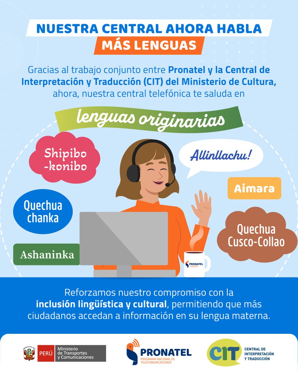 Pronatel_Peru's tweet image. Ahora #Pronatel te saluda en lenguas originarias 🌈🇵🇪💬✨
Gracias a la Central de Interpretación y Traducción (CIT) del @MinCulturaPe, esta actualización nos permite brindar una atención más accesible y cercana a la ciudadanía, alineados con la diversidad lingüística del país.💪