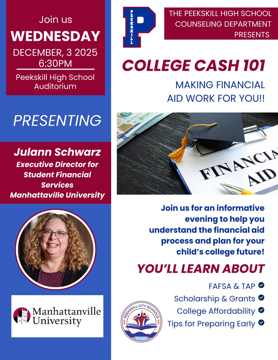PeekskillCSD's tweet image. Join us for Financial Aid Night on December 3rd at 6:30 PM at Peekskill High School!

Únase a nosotros para la Noche de Ayuda Financiera el 3 de diciembre a las 6:30 PM en Peekskill High School.